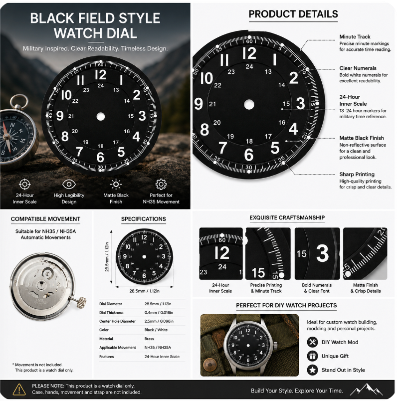 Black & White Field Style NH35 Automatic Watch Dial with 24-Hour Inner Scale | DIY Custom Watch Mod Dial