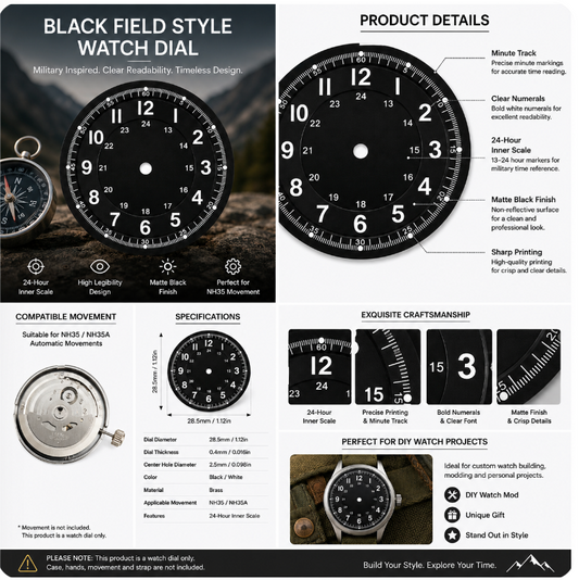 Black & White Field Style NH35 Automatic Watch Dial with 24-Hour Inner Scale | DIY Custom Watch Mod Dial