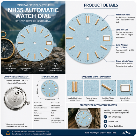 Lake Blue Minimalist NH35 Automatic Watch Dial with Gold Index Markers & Date Window | DIY Custom Watch Mod Dial
