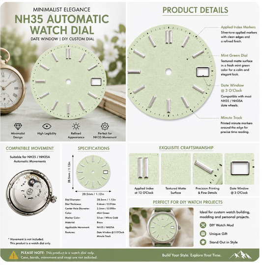 Mint Green Minimalist NH35 Automatic Watch Dial with Silver Index Markers & Date Window | DIY Custom Watch Mod Dial