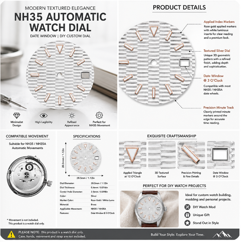 Textured Silver NH35 Automatic Watch Dial with Rose Gold Index Markers & Date Window | DIY Custom Watch Mod Dial