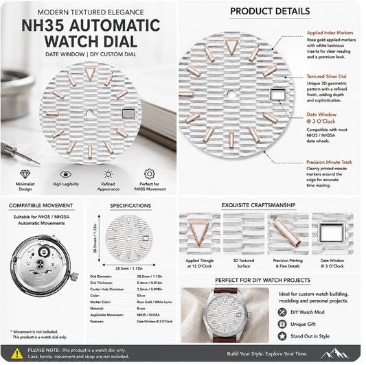 Textured Silver NH35 Automatic Watch Dial with Rose Gold Index Markers & Date Window | DIY Custom Watch Mod Dial