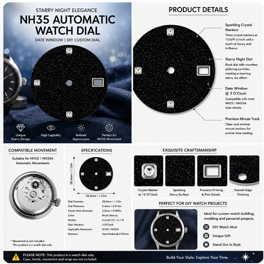Black Starry Night NH35 Automatic Watch Dial with Crystal Markers & Date Window | DIY Custom Watch Mod Dial