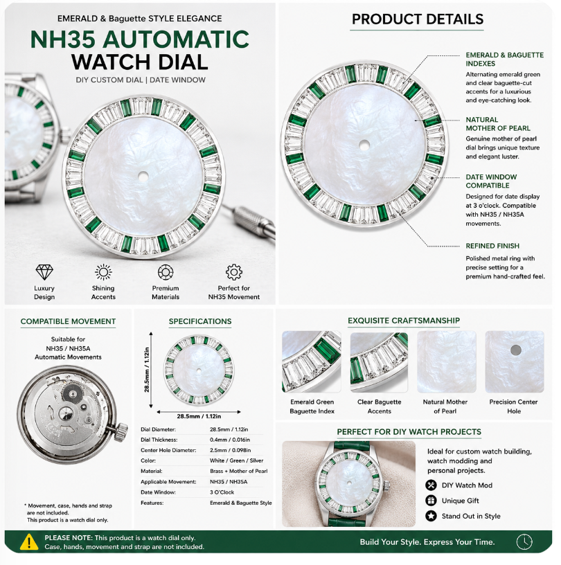 Mother of Pearl NH35 Automatic Watch Dial with Emerald Baguette Indexes & Date Window | DIY Custom Watch Mod Dial