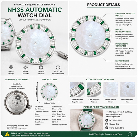 Mother of Pearl NH35 Automatic Watch Dial with Emerald Baguette Indexes & Date Window | DIY Custom Watch Mod Dial