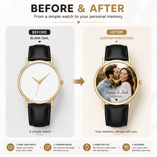 Custom DIY Minimalist Quartz Watch | 2035 Movement | Personalized Photo Dial | 38mm Genuine Leather Strap