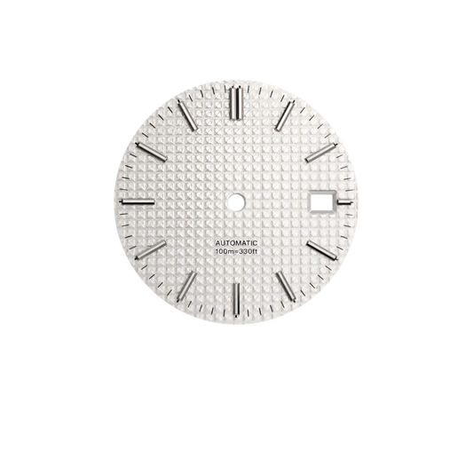 NH35 Compatible Silver Textured Watch Dial | 3 O’clock Date Window | Applied Metal Indices | DIY Mechanical Watch Part