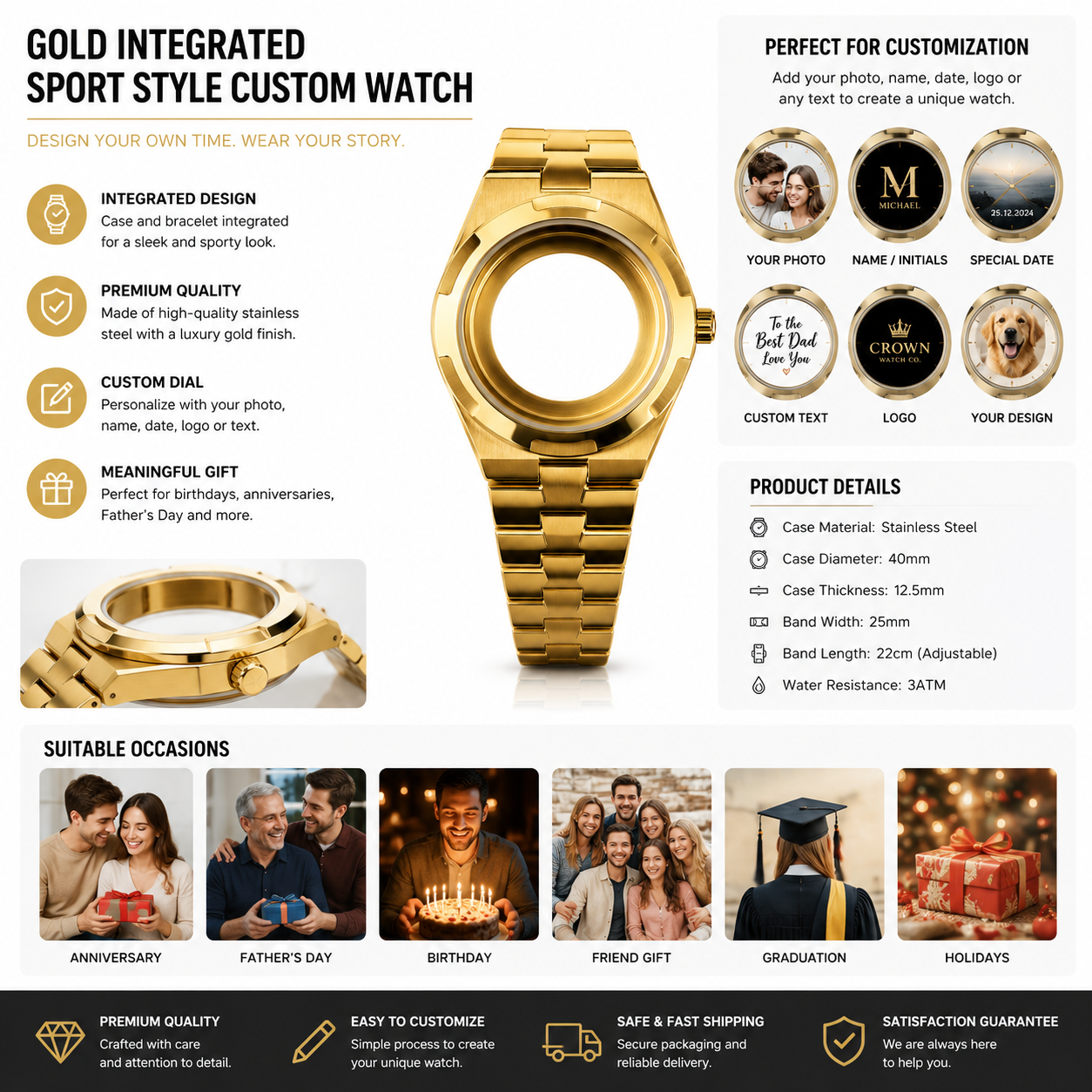 Gold Integrated Sport Style Custom Watch｜Personalized Photo Name Date DIY Watch Gift
