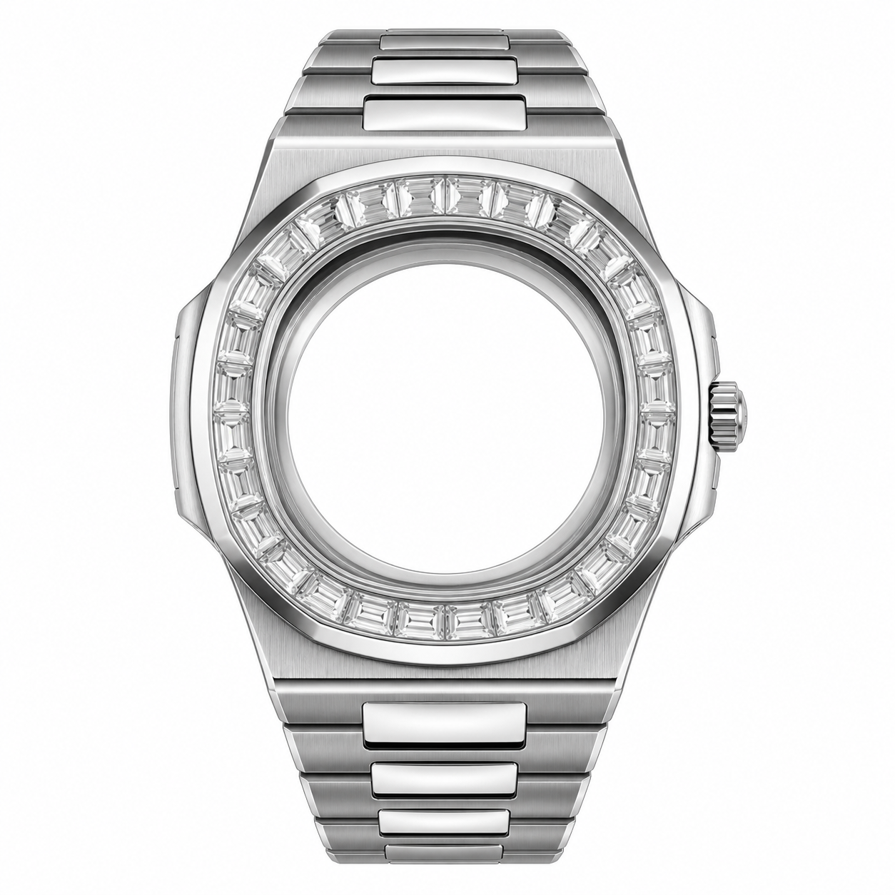 Silver Full Crystal Integrated Custom Watch Case｜Metal Bracelet DIY Part