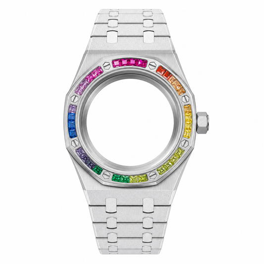 Silver Integrated Custom Watch Case｜Rainbow Crystal Bezel Metal Bracelet DIY Watch Part