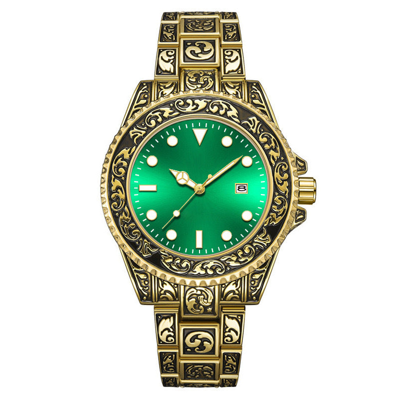 Vintage Gold Engraved Quartz Watch with Date – 43mm Men’s Watch