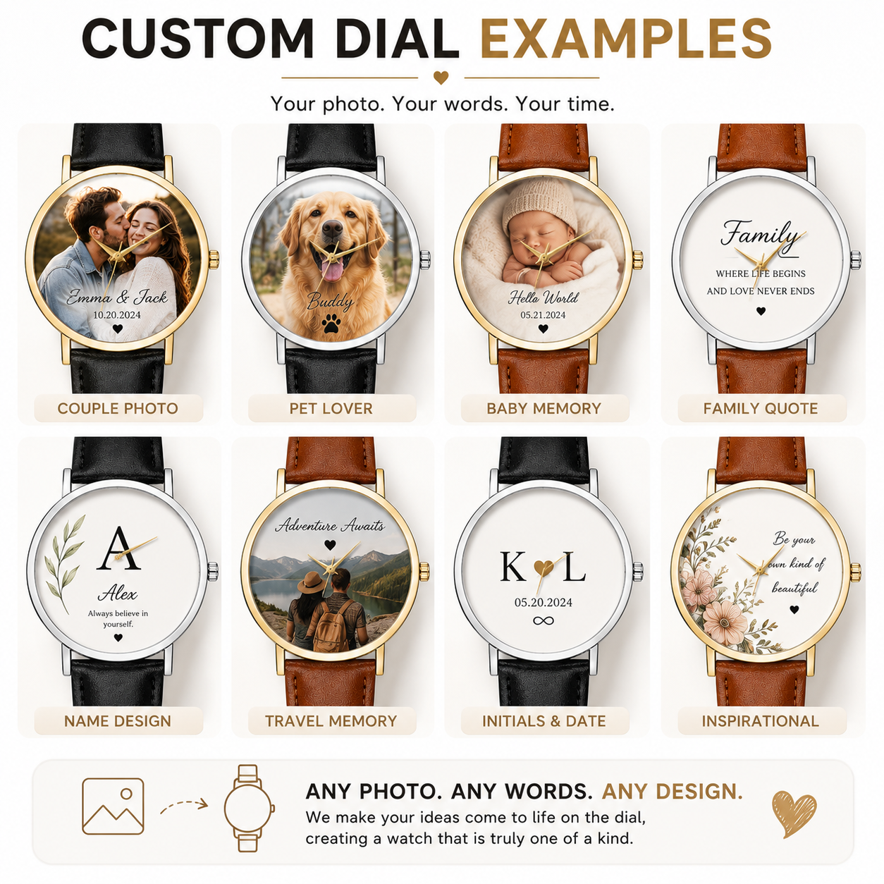 Custom DIY Minimalist Quartz Watch | 2035 Movement | Personalized Photo Dial | 38mm Genuine Leather Strap