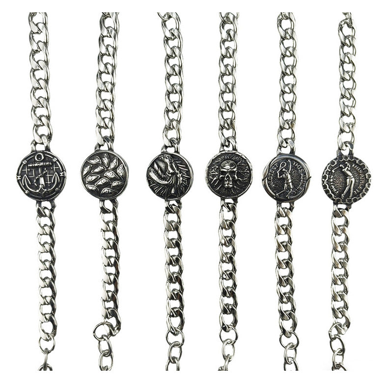 Hip-Hop Stainless Steel Retro Punk Skull Dragon Pattern Round Plate Sports Men's Bracelet Accessories Wholesale