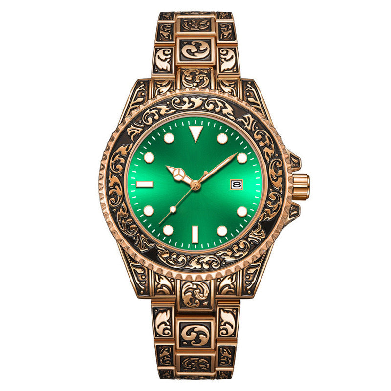 Vintage Gold Engraved Quartz Watch with Date – 43mm Men’s Watch