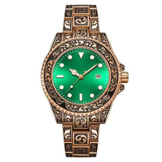 Vintage Gold Engraved Quartz Watch with Date – 43mm Men’s Watch