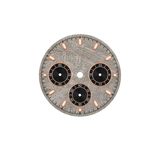 VK63 Compatible Grey Textured Chronograph Watch Dial | Black 3 Sub-Dial Layout | Rose Gold Luminous Hour Markers | DIY Quartz Chronograph Watch Part