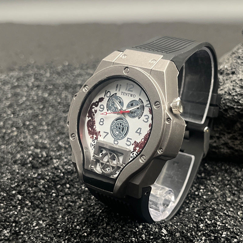 Men’s 46mm Dual Display Quartz Watch – Tonneau Dial Silicone Casual Sport Wristwatch – Multi-Color