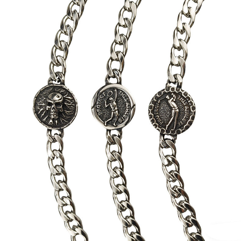 Hip-Hop Stainless Steel Retro Punk Skull Dragon Pattern Round Plate Sports Men's Bracelet Accessories Wholesale