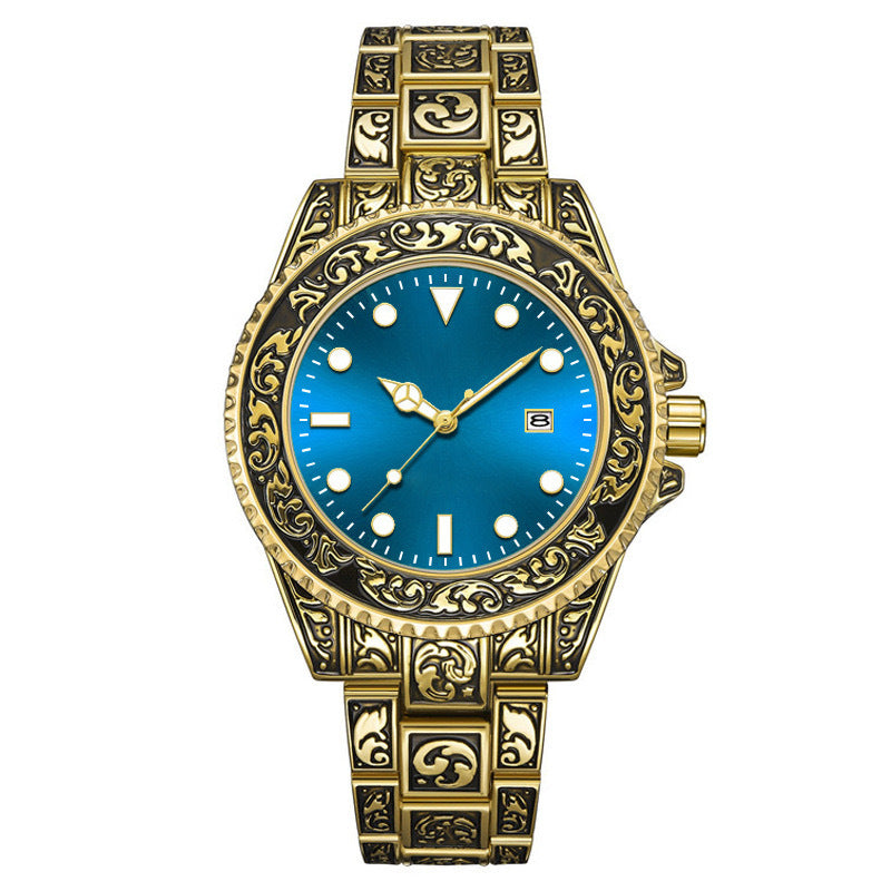 Vintage Gold Engraved Quartz Watch with Date – 43mm Men’s Watch