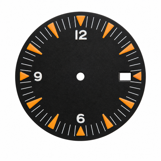 NH35 Compatible Black Orange Watch Dial | 3/6/9/12 Arabic Markers | 3 O’clock Date Window | DIY Mechanical Watch Part