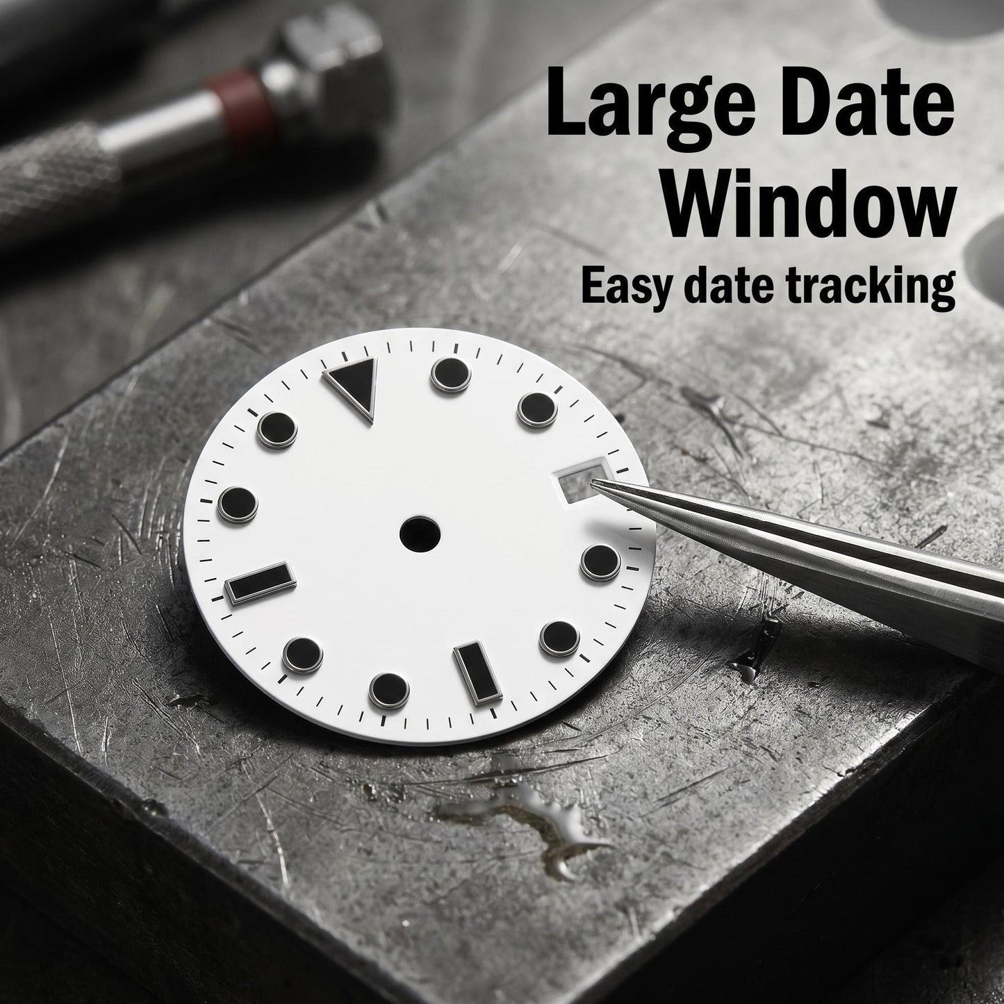 dial000 Simple Index Modified Mechanical Watch Dial 3 o'clock Date Window 12 o'clock Triangle Index White Background Black Markers for Watch Modification DIY