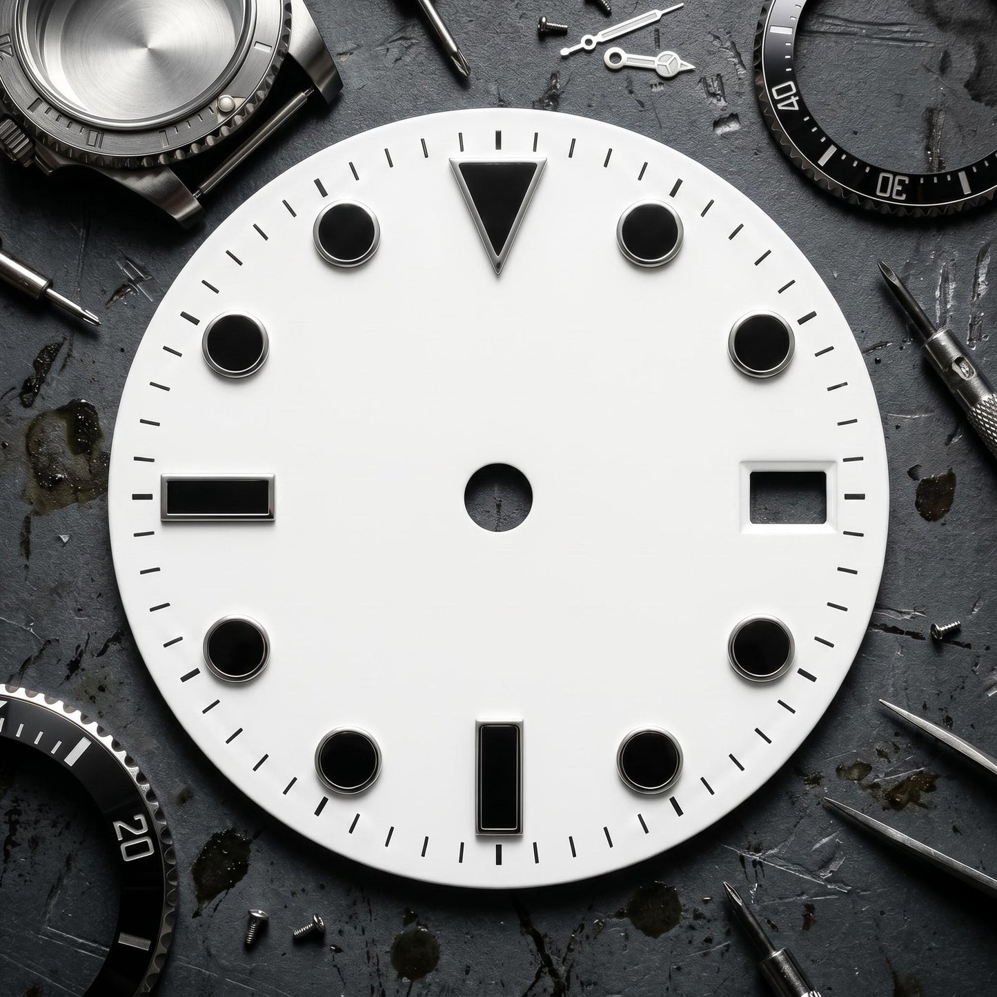 dial000 Simple Index Modified Mechanical Watch Dial 3 o'clock Date Window 12 o'clock Triangle Index White Background Black Markers for Watch Modification DIY