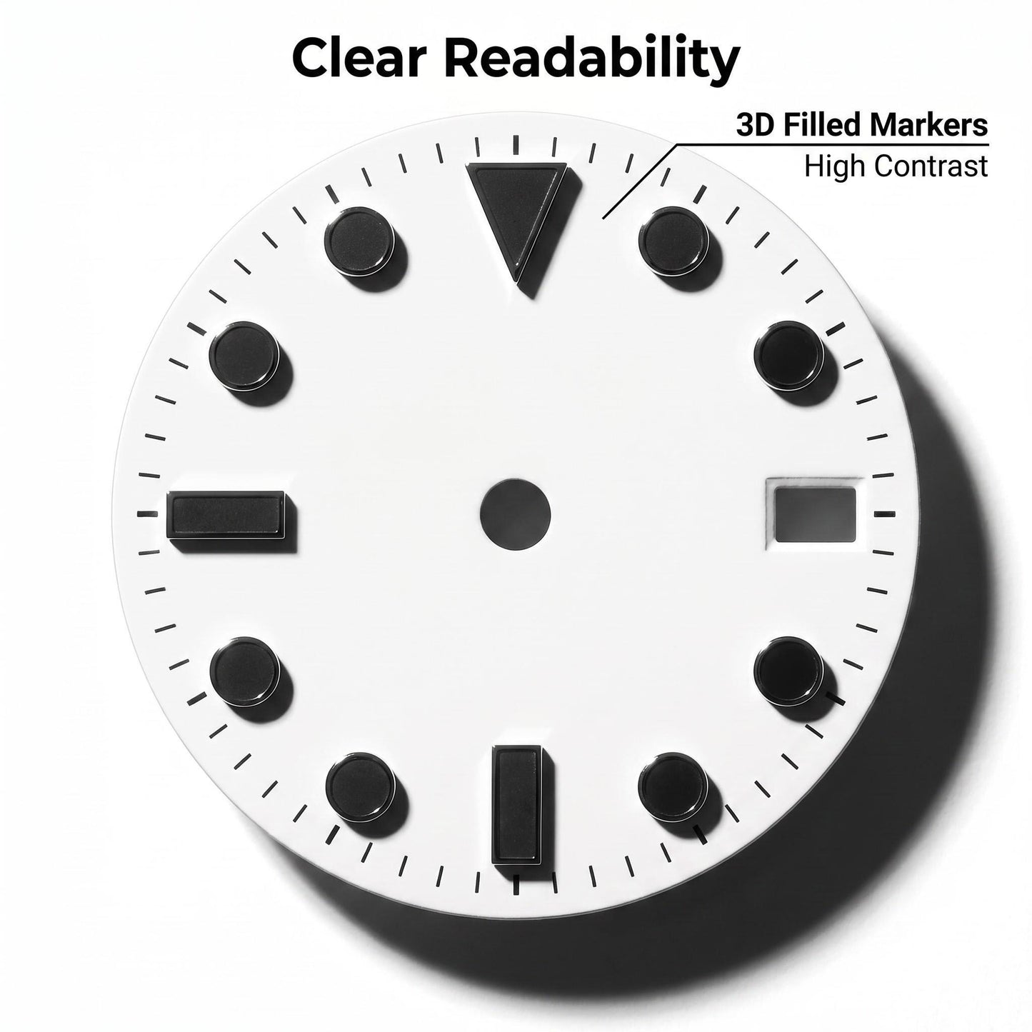 dial000 Simple Index Modified Mechanical Watch Dial 3 o'clock Date Window 12 o'clock Triangle Index White Background Black Markers for Watch Modification DIY