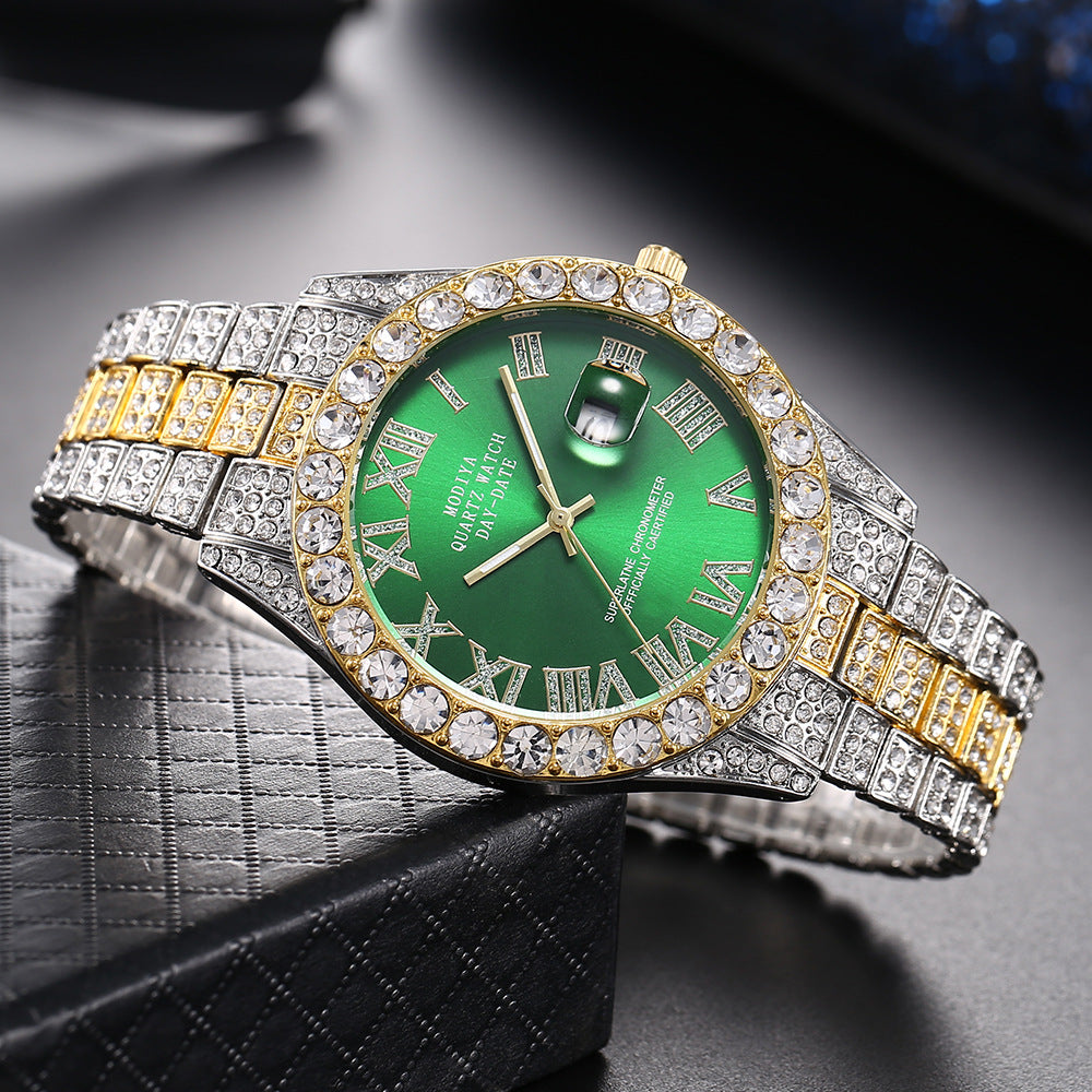 Luxury Diamond Quartz Watch with Day & Date – Gold Stainless Steel Wristwatch