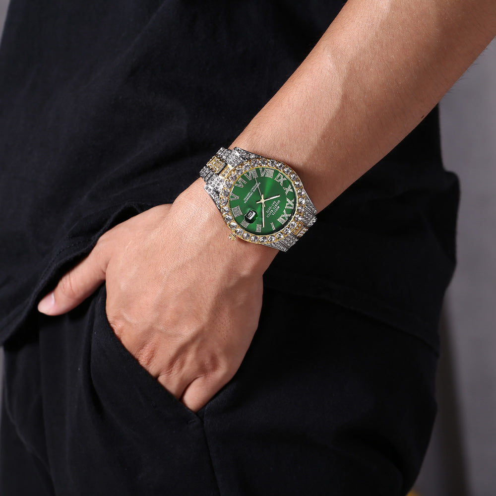 Luxury Diamond Quartz Watch with Day & Date – Gold Stainless Steel Wristwatch