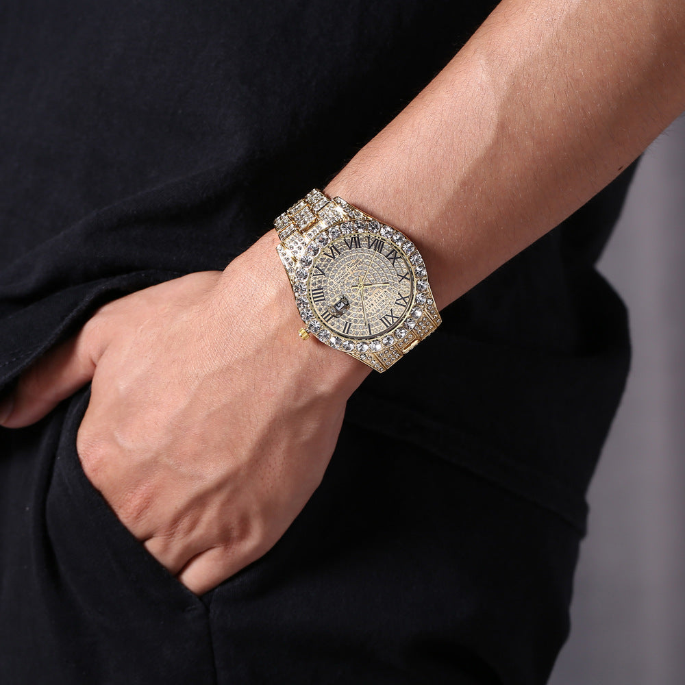 Luxury Diamond Quartz Watch with Day & Date – Gold Stainless Steel Wristwatch