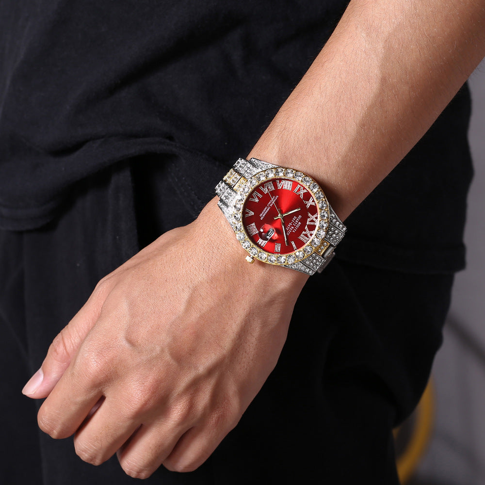 Luxury Diamond Quartz Watch with Day & Date – Gold Stainless Steel Wristwatch