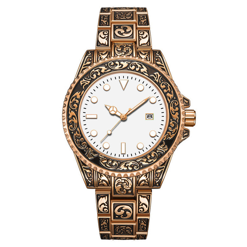 Vintage Gold Engraved Quartz Watch with Date – 43mm Men’s Watch