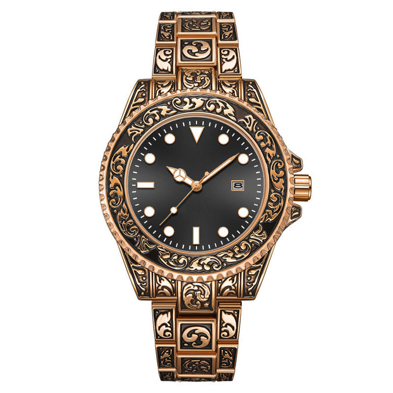 Vintage Gold Engraved Quartz Watch with Date – 43mm Men’s Watch