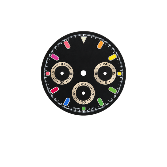 VK63 Compatible Black Chronograph Watch Dial | Multi-Color Hour Markers | Sub-Dial Layout | DIY Quartz Chronograph Watch Part