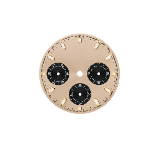 VK63 Compatible Champagne Gold Chronograph Watch Dial | Black 3 Sub-Dial Layout | Gold Luminous Hour Markers | DIY Quartz Chronograph Watch Part