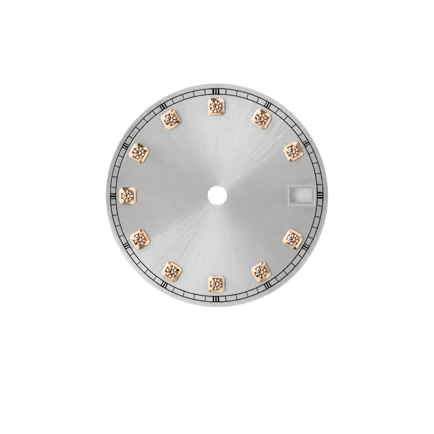 NH35 Compatible Silver Sunburst Watch Dial with Rose Gold Crystal Markers | 6 O’clock Date Window | DIY Watch Mod Dial for Sub-Style & Date-Style Cases