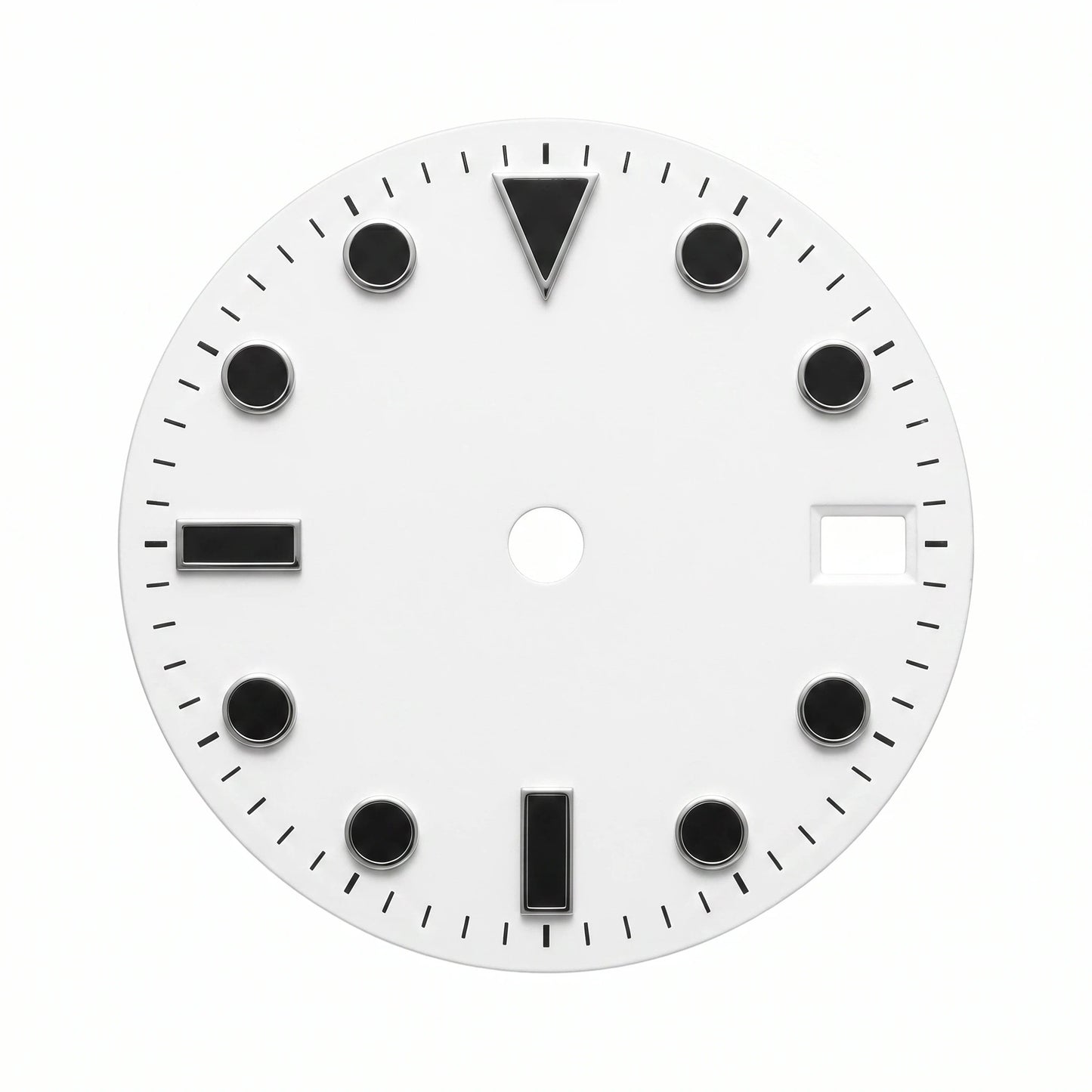 dial000 Simple Index Modified Mechanical Watch Dial 3 o'clock Date Window 12 o'clock Triangle Index White Background Black Markers for Watch Modification DIY