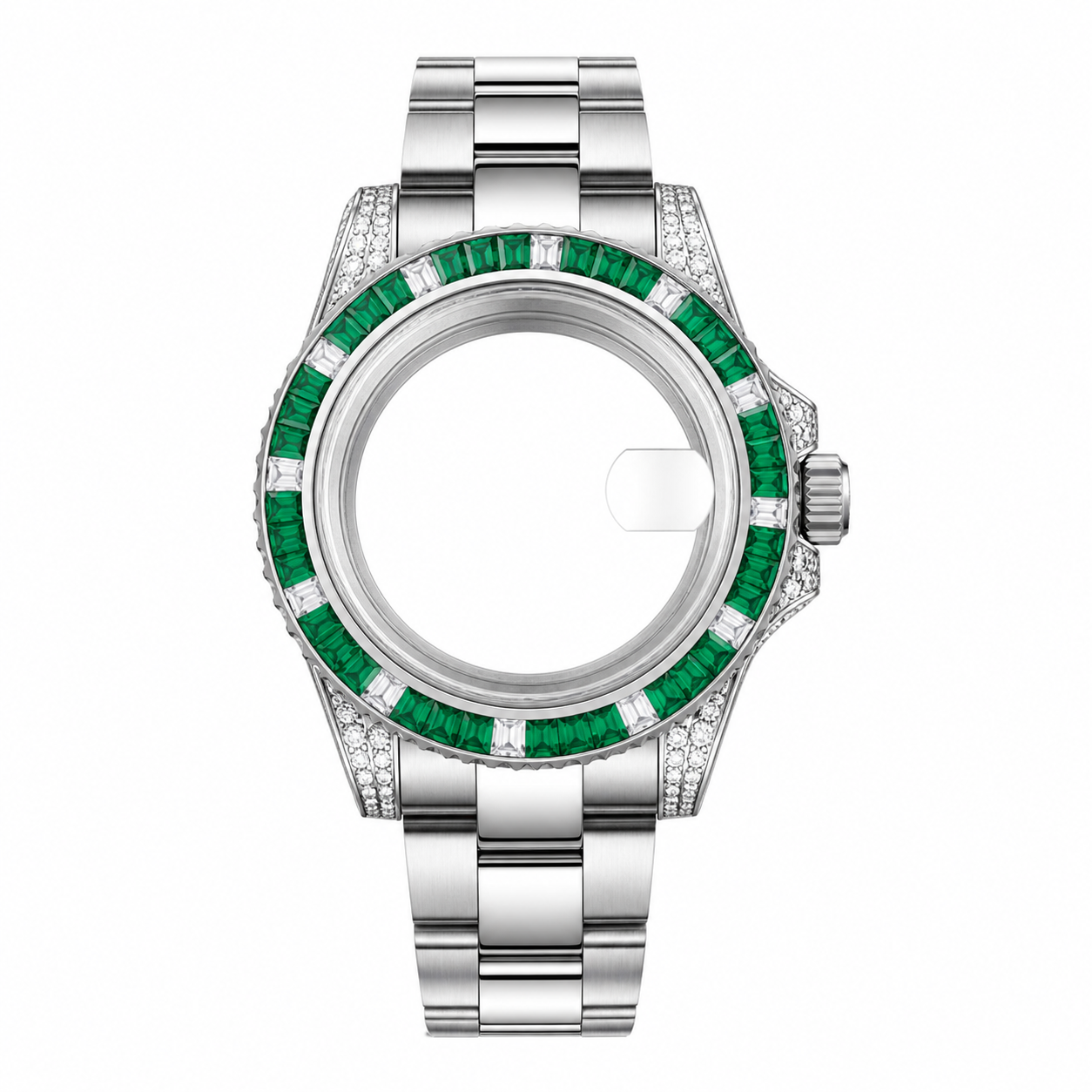 Silver Green Crystal Custom Watch Case｜Metal Bracelet DIY Watch Part