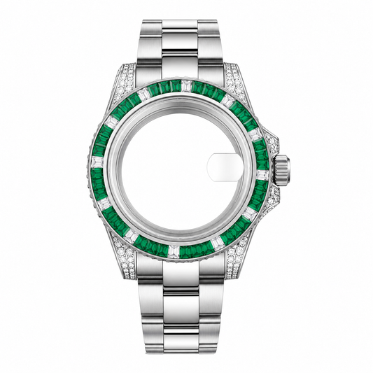 Silver Green Crystal Custom Watch Case｜Metal Bracelet DIY Watch Part