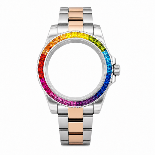 Two-Tone Rainbow Bezel Custom Watch Case｜Metal Bracelet DIY Watch Part